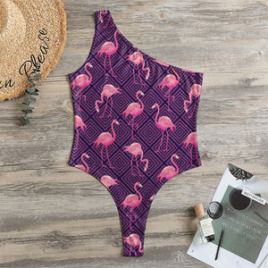 Purple Geometric Flamingo Pattern Print One Shoulder Bodysuit