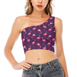 Purple Geometric Flamingo Pattern Print One Shoulder Crop Top