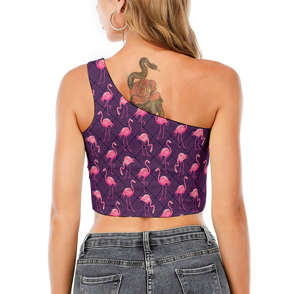 Purple Geometric Flamingo Pattern Print One Shoulder Crop Top