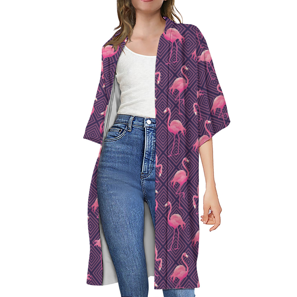 Purple Geometric Flamingo Pattern Print Open Front Beach Cover Up