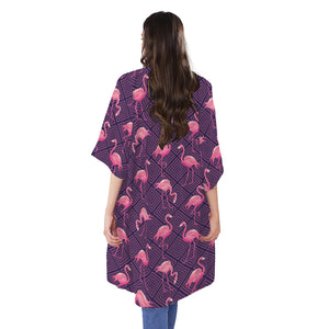 Purple Geometric Flamingo Pattern Print Open Front Beach Cover Up