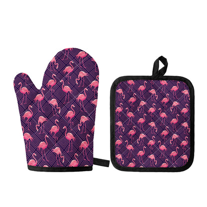Purple Geometric Flamingo Pattern Print Oven Mitt And Pot Holder Set