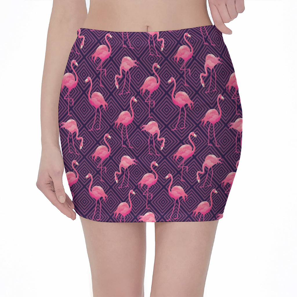 Purple Geometric Flamingo Pattern Print Pencil Mini Skirt