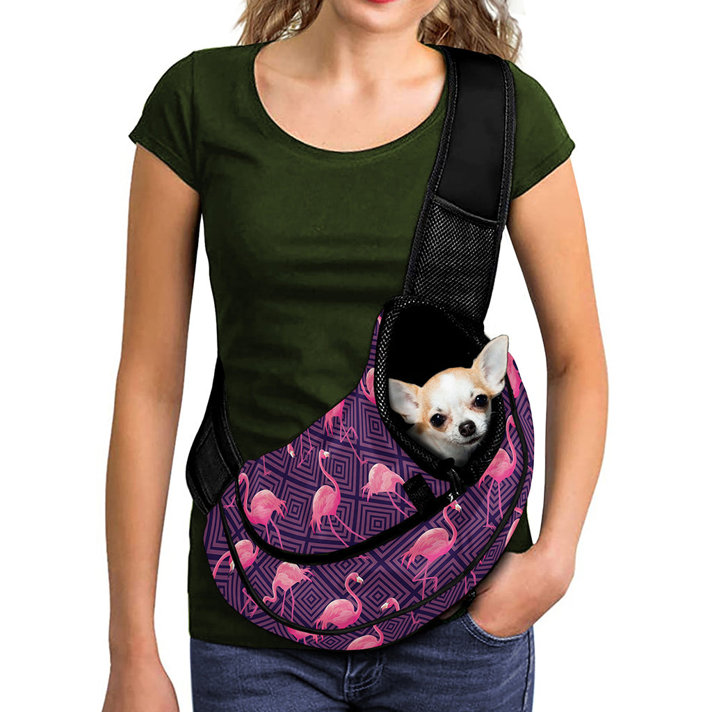 Purple Geometric Flamingo Pattern Print Pet Sling Carrier