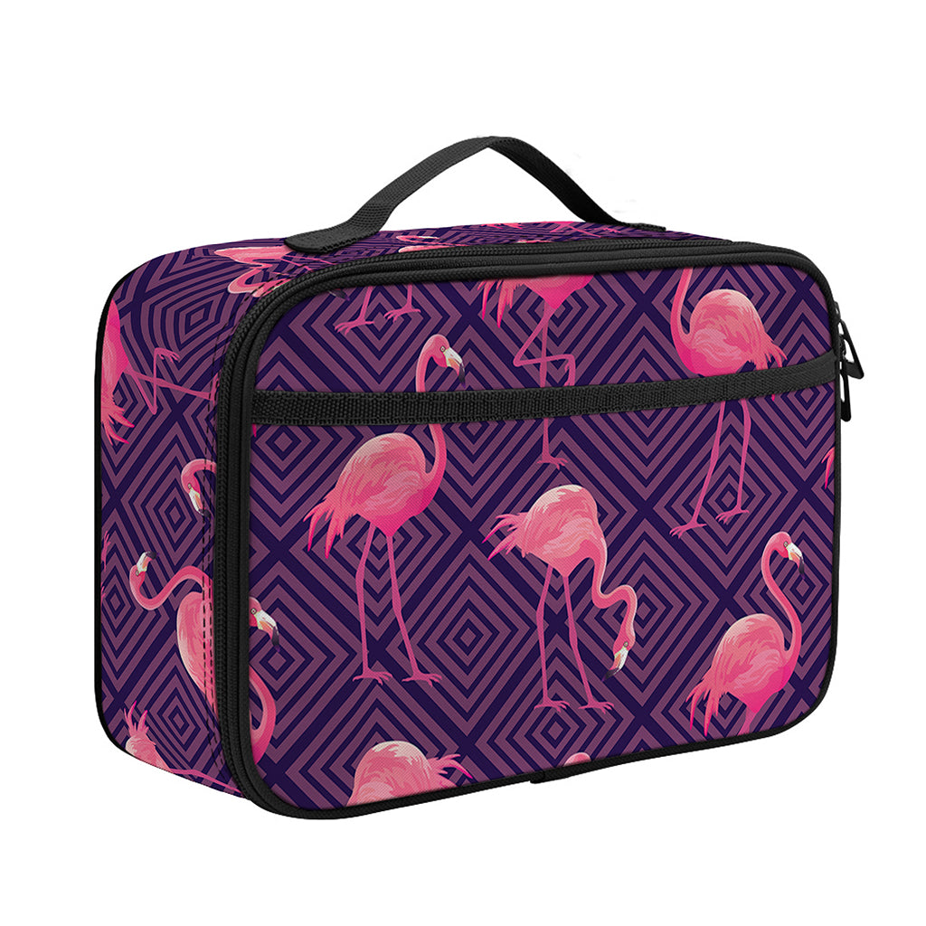 Purple Geometric Flamingo Pattern Print Portable Lunch Bag