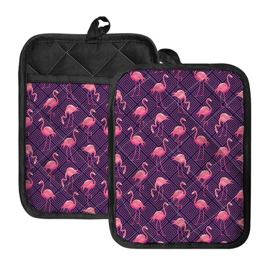 Purple Geometric Flamingo Pattern Print Pot Holders With Pocket