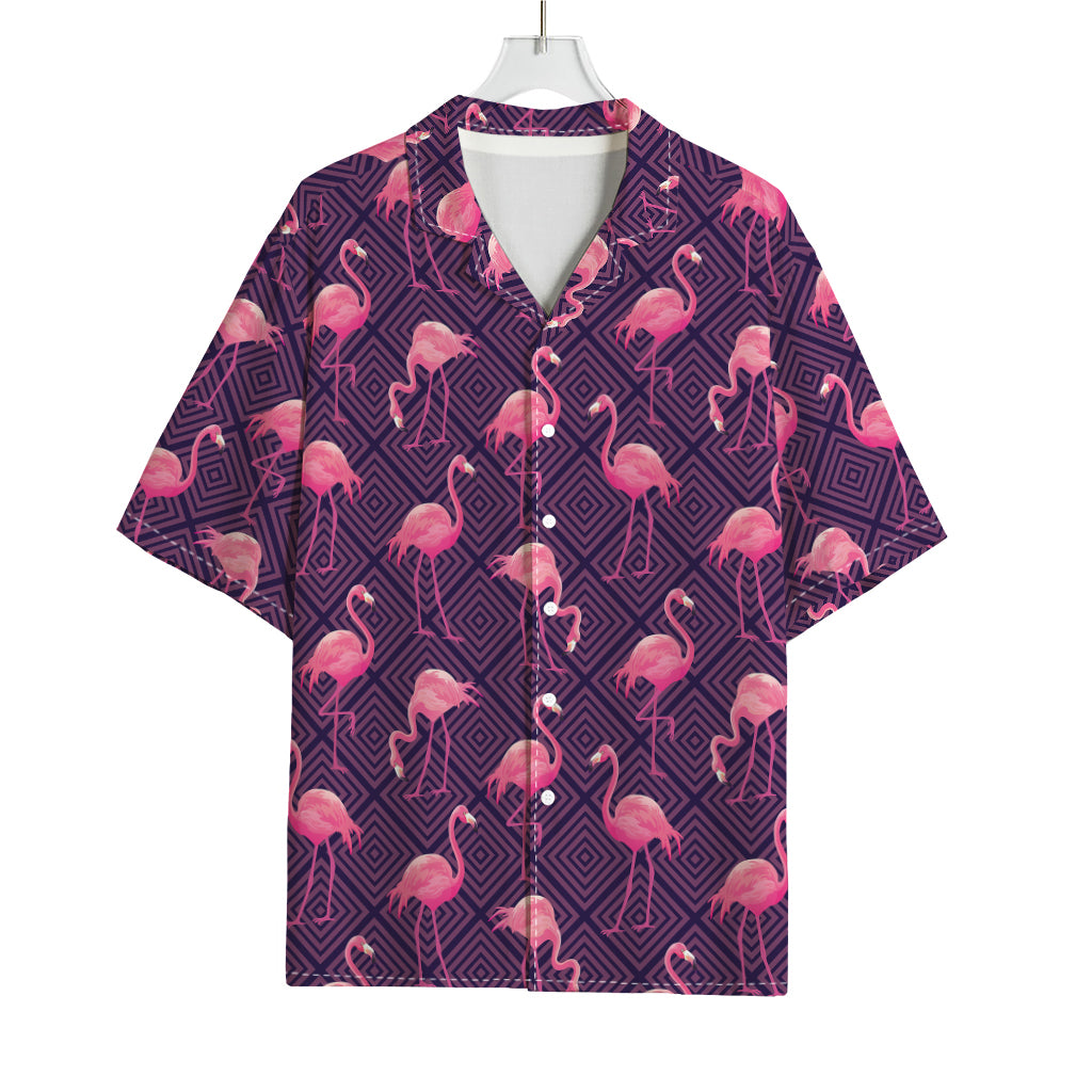 Purple Geometric Flamingo Pattern Print Rayon Hawaiian Shirt