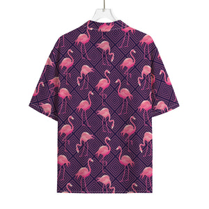 Purple Geometric Flamingo Pattern Print Rayon Hawaiian Shirt