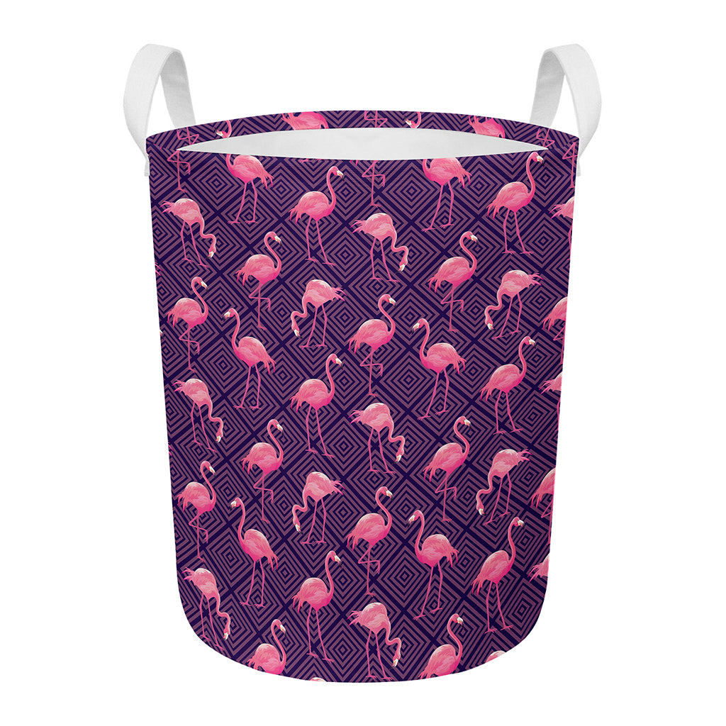 Purple Geometric Flamingo Pattern Print Round Laundry Basket