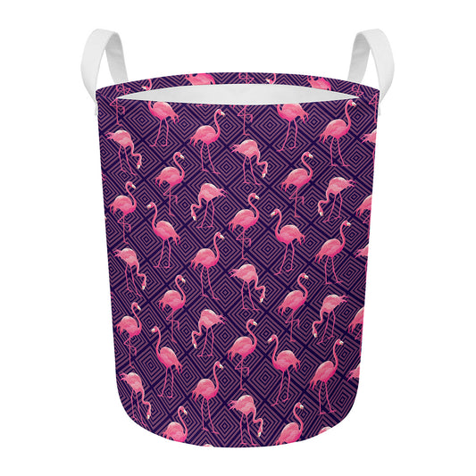 Purple Geometric Flamingo Pattern Print Round Laundry Basket