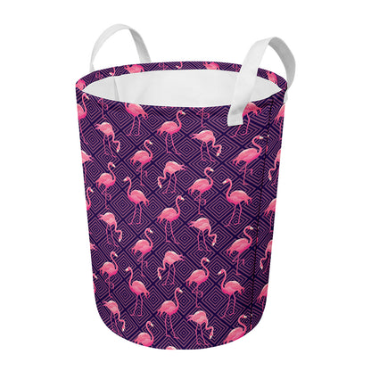 Purple Geometric Flamingo Pattern Print Round Laundry Basket