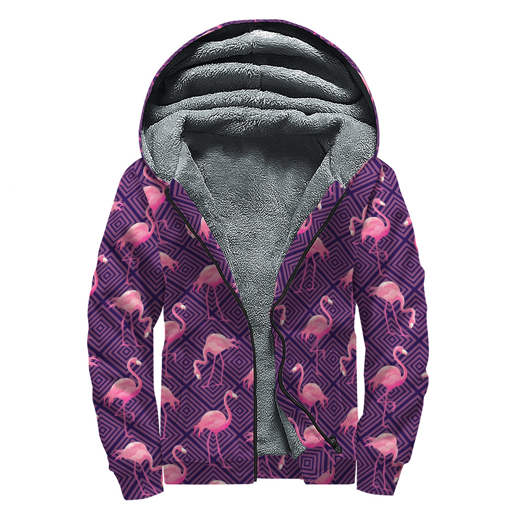 Purple Geometric Flamingo Pattern Print Sherpa Lined Zip Up Hoodie