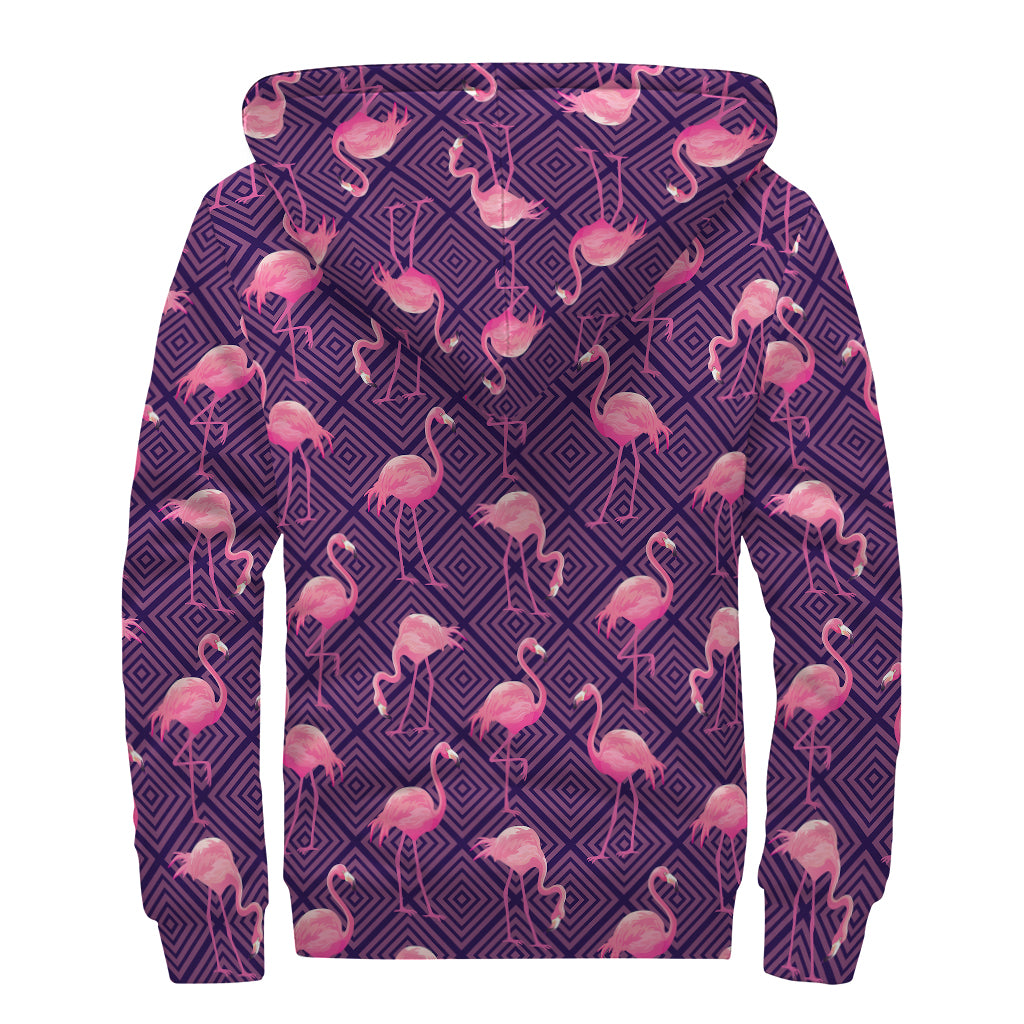 Purple Geometric Flamingo Pattern Print Sherpa Lined Zip Up Hoodie