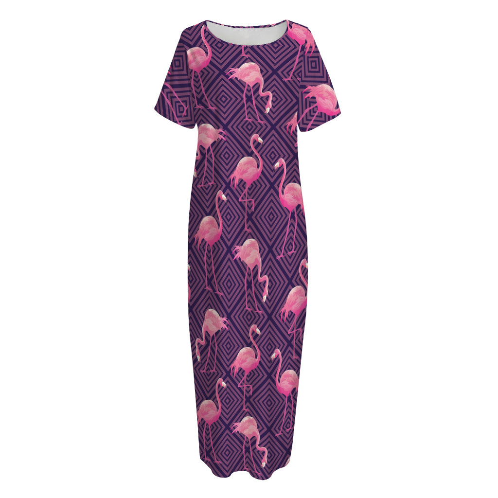 Purple Geometric Flamingo Pattern Print Short Sleeve Long Nightdress