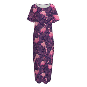 Purple Geometric Flamingo Pattern Print Short Sleeve Long Nightdress