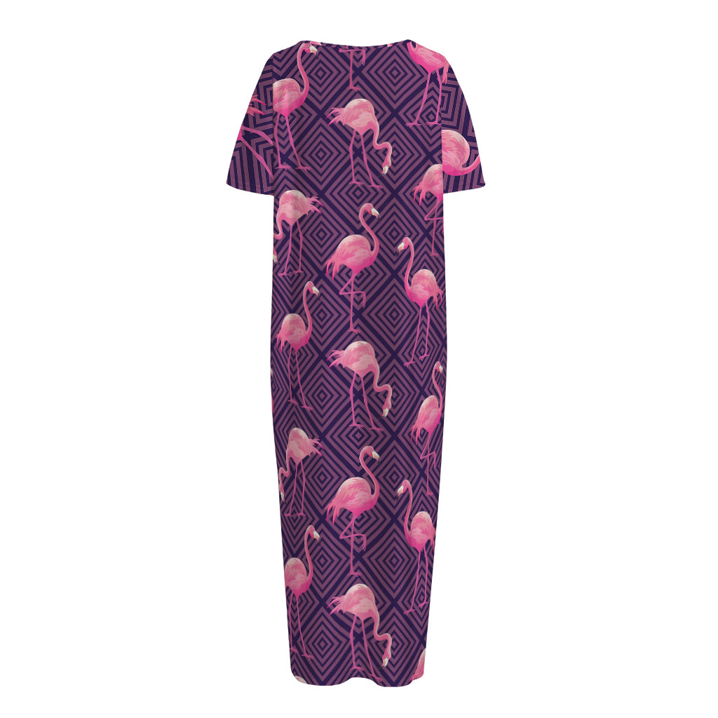 Purple Geometric Flamingo Pattern Print Short Sleeve Long Nightdress