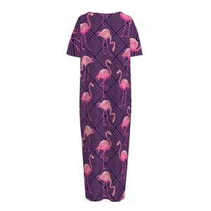 Purple Geometric Flamingo Pattern Print Short Sleeve Long Nightdress