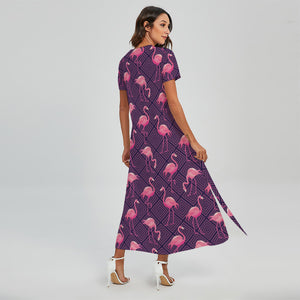 Purple Geometric Flamingo Pattern Print Short Sleeve Maxi Dress