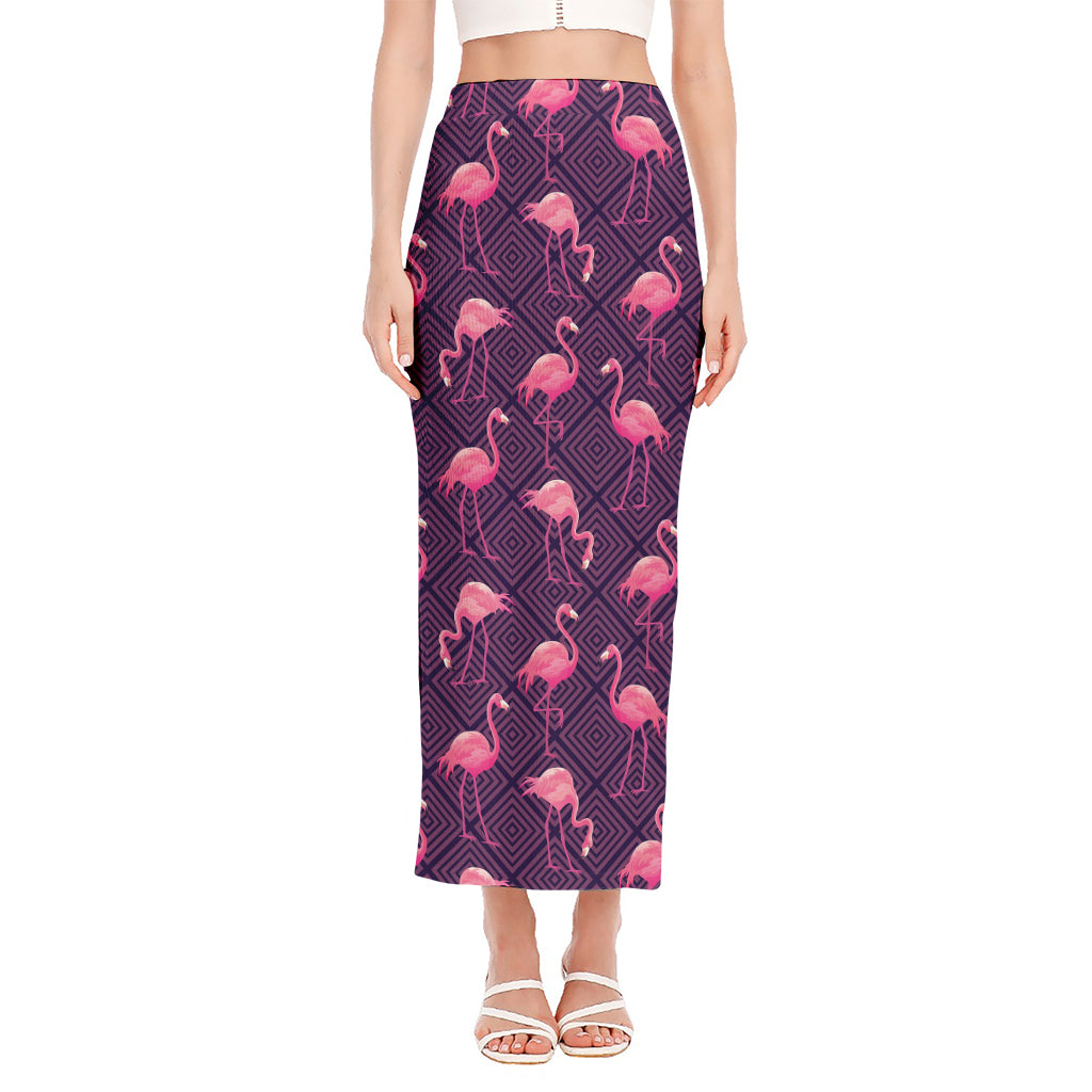 Purple Geometric Flamingo Pattern Print Side Slit Maxi Skirt