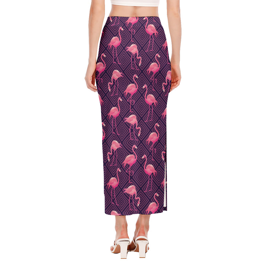 Purple Geometric Flamingo Pattern Print Side Slit Maxi Skirt