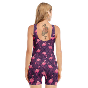 Purple Geometric Flamingo Pattern Print Sleeveless One Piece Swimsuit