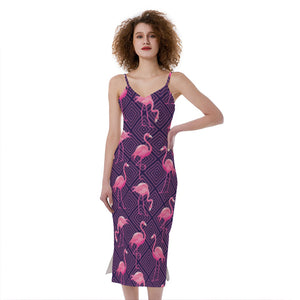 Purple Geometric Flamingo Pattern Print Slim Fit Midi Cami Dress