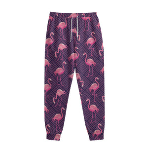 Purple Geometric Flamingo Pattern Print Sweatpants