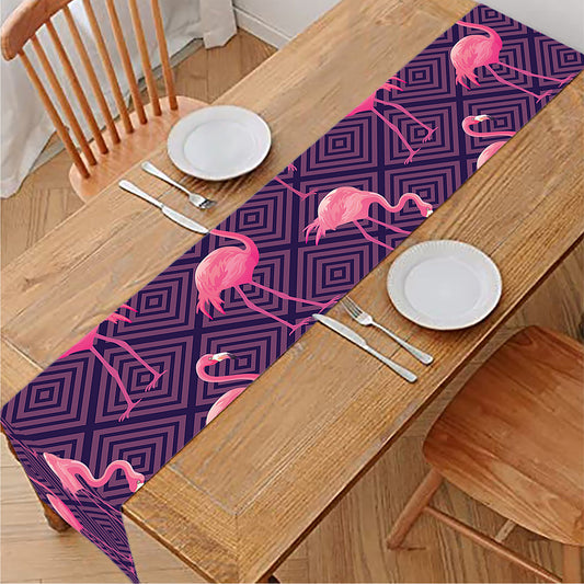 Purple Geometric Flamingo Pattern Print Table Runner