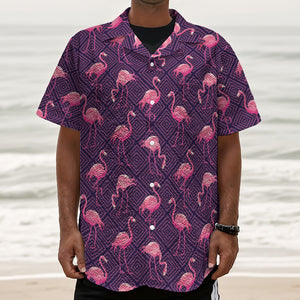 Purple Geometric Flamingo Pattern Print Textured Short Sleeve Shirt