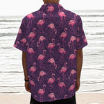 Purple Geometric Flamingo Pattern Print Textured Short Sleeve Shirt