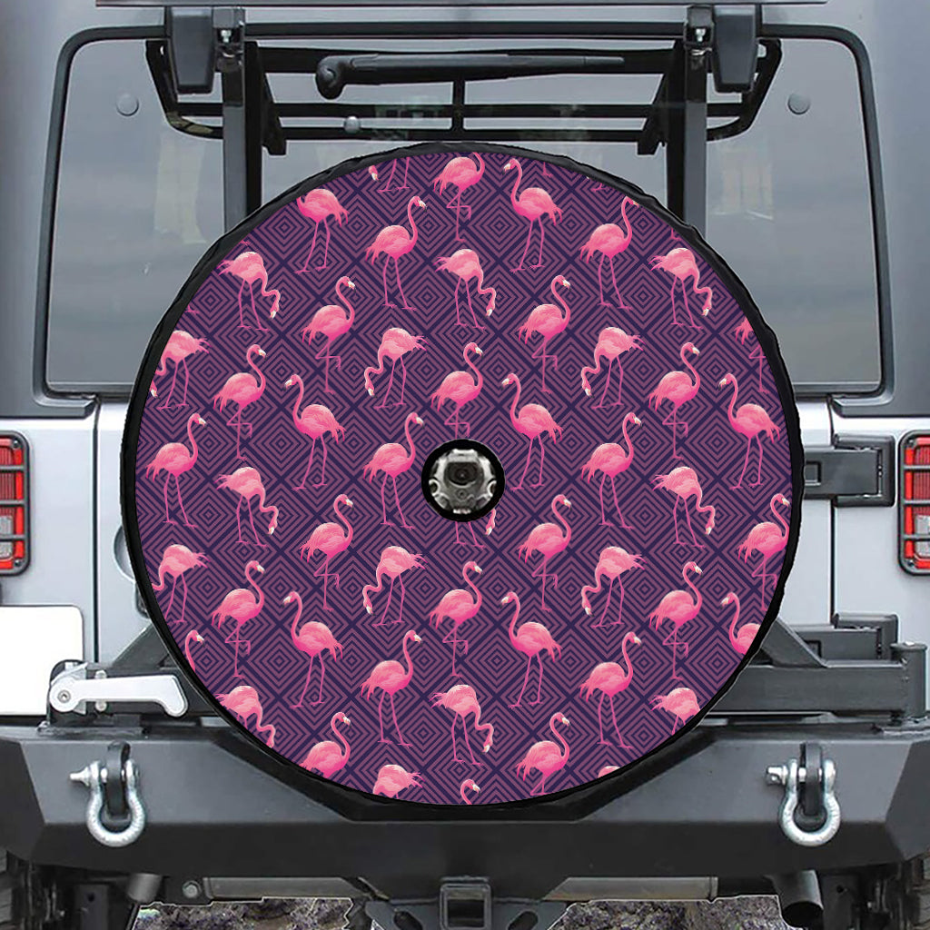 Purple Geometric Flamingo Pattern Print Tire Cover With Camera Hole