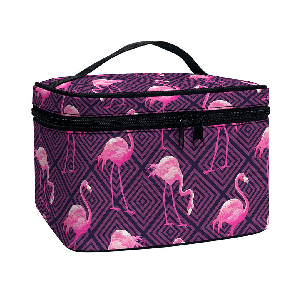 Purple Geometric Flamingo Pattern Print Travel Makeup Bag