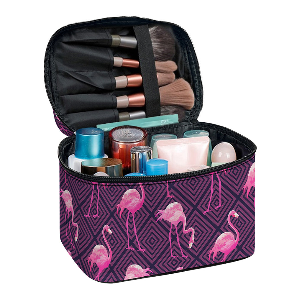 Purple Geometric Flamingo Pattern Print Travel Makeup Bag