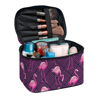 Purple Geometric Flamingo Pattern Print Travel Makeup Bag