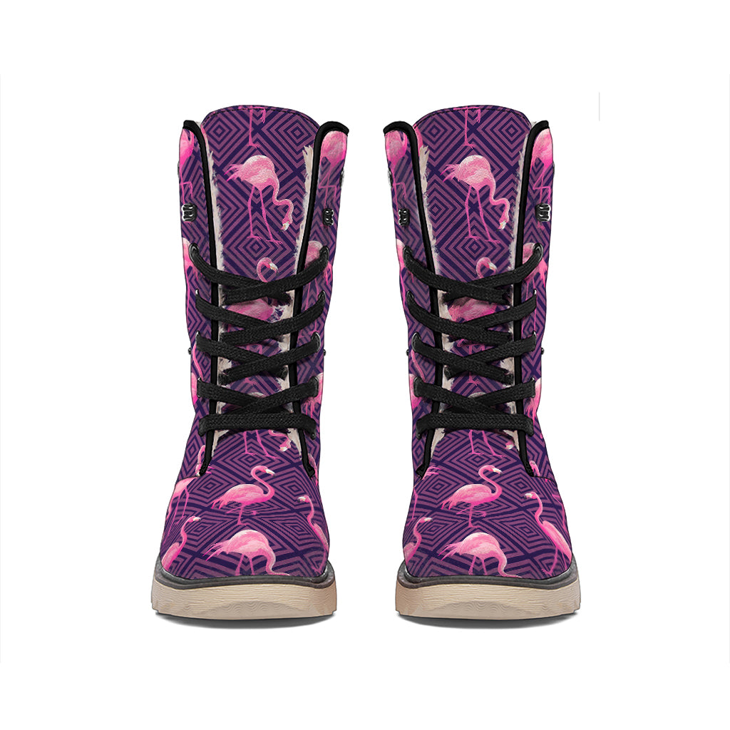 Purple Geometric Flamingo Pattern Print Winter Boots