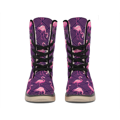 Purple Geometric Flamingo Pattern Print Winter Boots