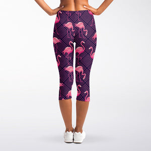 Purple Geometric Flamingo Pattern Print Women's Capri Leggings