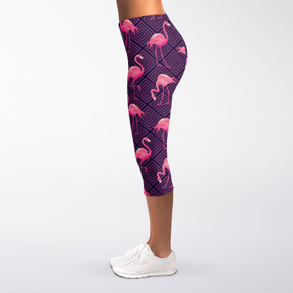 Purple Geometric Flamingo Pattern Print Women's Capri Leggings