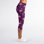 Purple Geometric Flamingo Pattern Print Women's Capri Leggings
