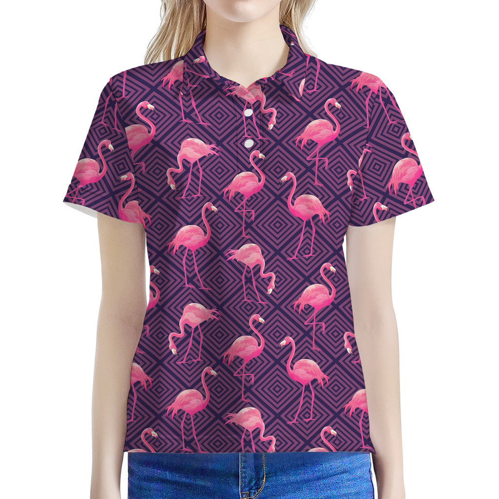 Purple Geometric Flamingo Pattern Print Women's Polo Shirt