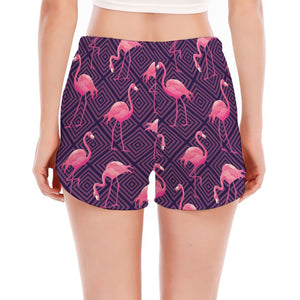 Purple Geometric Flamingo Pattern Print Women's Split Running Shorts