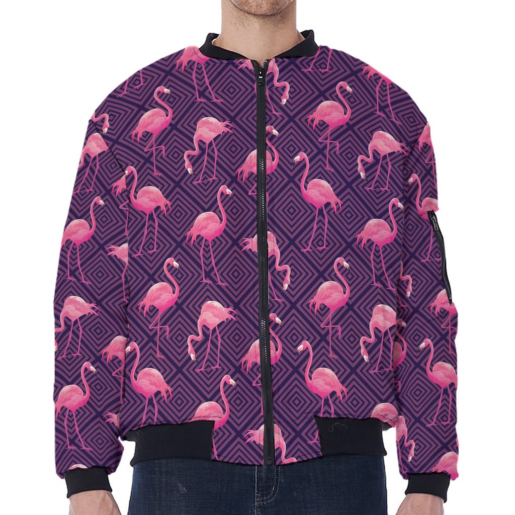 Purple Geometric Flamingo Pattern Print Zip Sleeve Bomber Jacket