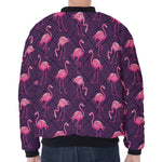 Purple Geometric Flamingo Pattern Print Zip Sleeve Bomber Jacket