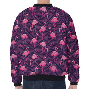 Purple Geometric Flamingo Pattern Print Zip Sleeve Bomber Jacket