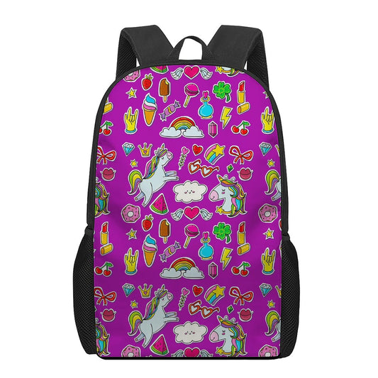 Purple Girly Unicorn Pattern Print 17 Inch Backpack