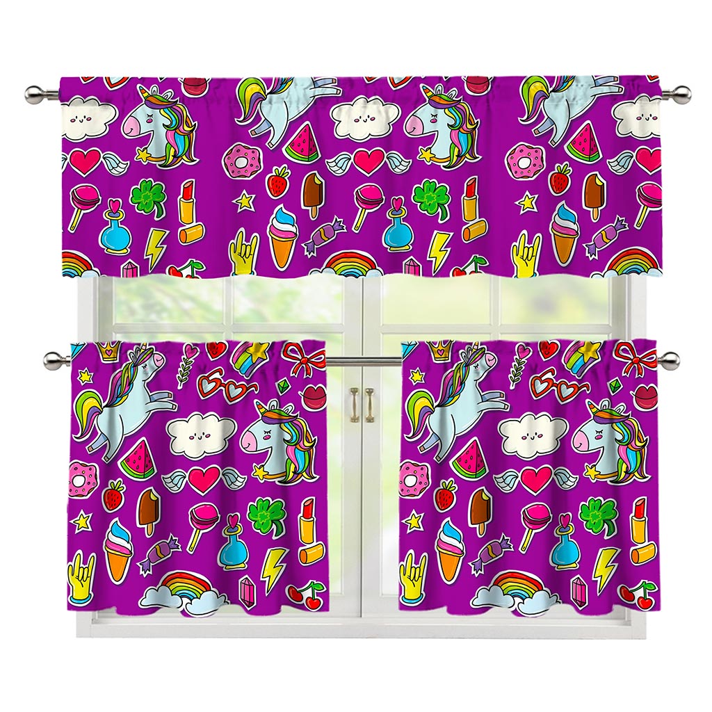 Purple Girly Unicorn Pattern Print 3 Piece Kitchen Curtains