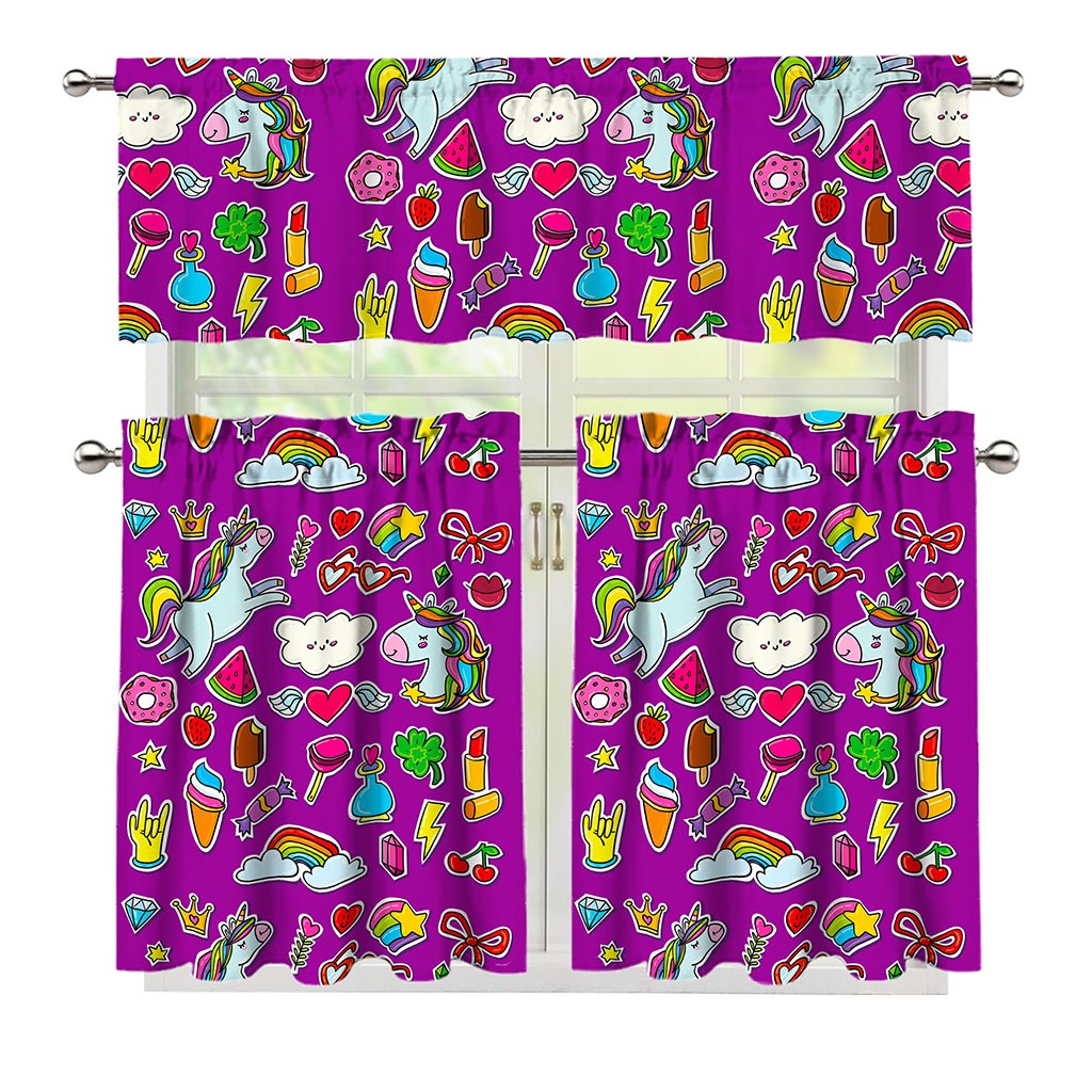 Purple Girly Unicorn Pattern Print 3 Piece Kitchen Curtains