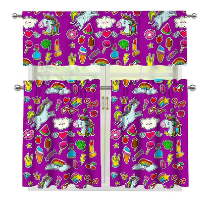 Purple Girly Unicorn Pattern Print 3 Piece Kitchen Curtains