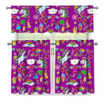 Purple Girly Unicorn Pattern Print 3 Piece Kitchen Curtains