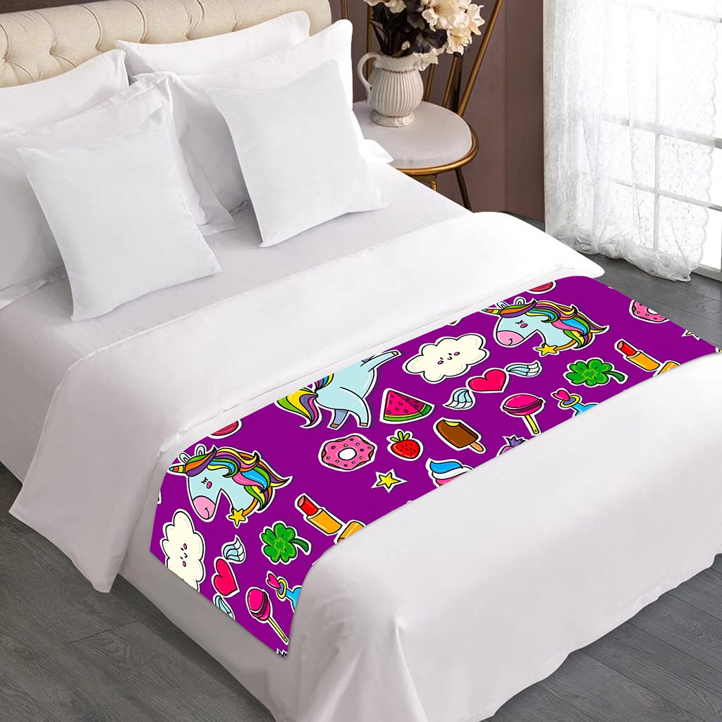 Purple Girly Unicorn Pattern Print Bed Runner